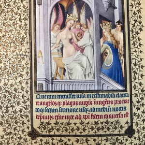 May include: A page from an illuminated manuscript, depicting a scene with figures within an architectural setting. The artwork includes figures wearing crowns, angels, and Latin text. The page is framed with a decorative floral border.