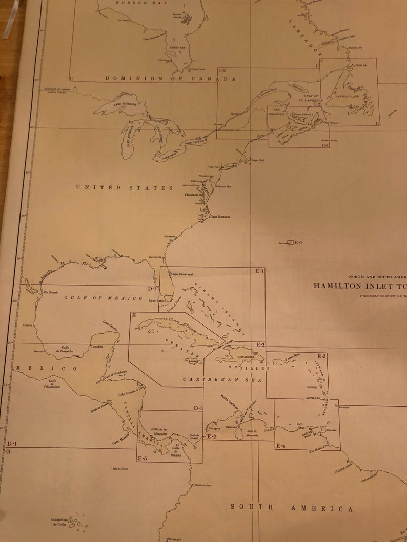Nautical Map Americas Atlantic Coast 1947 US Dept of Navy From Brazil to Greenland Large Framable 28 by 20 inches map coastline Cartography