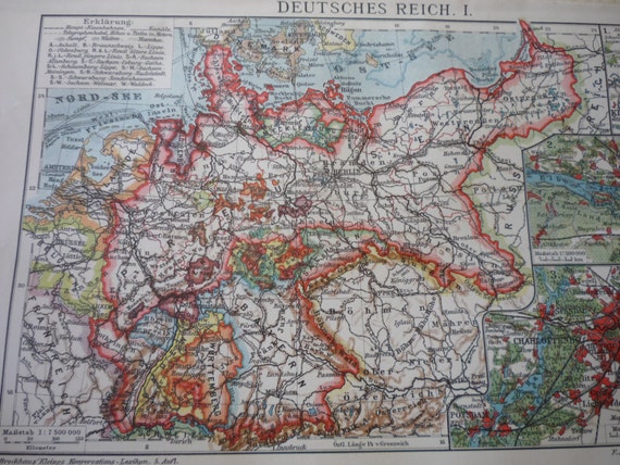 ビンテージドイツ地図 ドイツ帝国 - 1910年ドイツ語 - 両面カラー