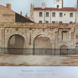 1877 Roman Architecture at Nimes 19thc detailed etching of ancient city wall published by Ernest Bosc Framable Wall Art