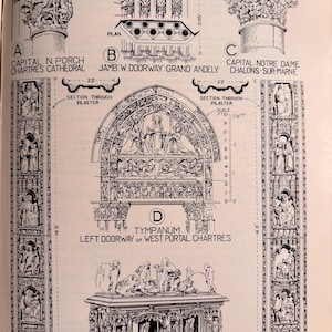 Op de afbeelding: Een zwart-witte lijntekening van architectonische details van verschillende kerken in Frankrijk. De tekening toont de kapiteel van een portiek, een deur, een tympanum en een pilaster. De tekening bevat labels en metingen.