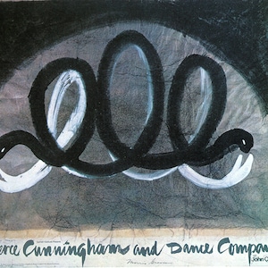 May include: An abstract painting in black and white of a snake, set against a grey background. The text "Merce Cunningham and Dance Company" is at the bottom of the poster.