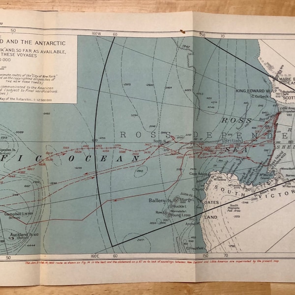 1930 Antarctic Expedition fold out map Admiral Byrd First Expedition Antique original color wall art South Pole For armchair explorers
