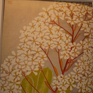 May include: A vintage botanical illustration of white flowers with yellow centres, arranged in clusters on a branch with red stems. The flowers are depicted on a light beige background.