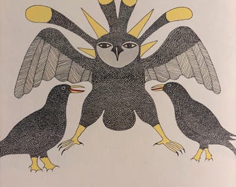 Cuervos custodiando al búho del sol por Kenojuakk / Grabado en piedra / Estampa inuit / Lámina vintage para pared