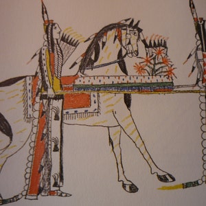 May include: A hand-drawn illustration of two Native American figures in traditional clothing, one riding a white horse with black markings, and the other walking beside the horse. The horse is decorated with colorful patterns and the figures are holding long staffs with feathers.