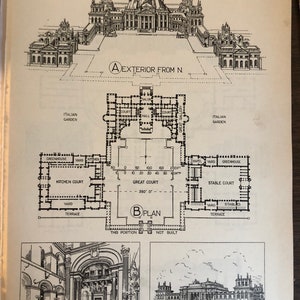 Blenheim Schloss 1924 Englische Renaissance Architektur Original veröffentlicht Detaillierte Zeichnungen Framable Lithografie für Architekten oder Royalisten