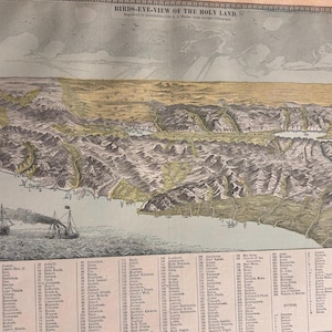 Carte de la Terre Sainte de 1886 - Vue à vol d'oiseau | Lithographie colorée à la main 33 x 11 pouces Leçon d'histoire Art mural ancien détaillé