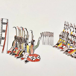 May include: A hand-drawn illustration depicting a group of Native American people in a ceremonial setting. The figures are drawn in black, red, yellow, blue, and green. The figures are holding spears and are seated in a row. A single figure is seated in the center of the image, facing the group, with their hand raised in the air.