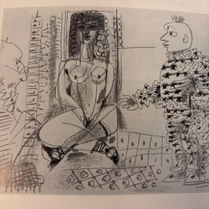 May include: A black and white drawing of a nude woman sitting with her legs crossed, looking to the right. A man in a patterned shirt stands to the right of the woman, looking at her.
