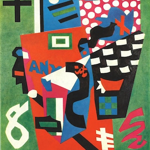 May include: A colorful abstract art print with geometric shapes in red, white, black, blue, and green. The print features a large red shape with the text "RAPT AT RAPPAPORT'S" at the bottom.