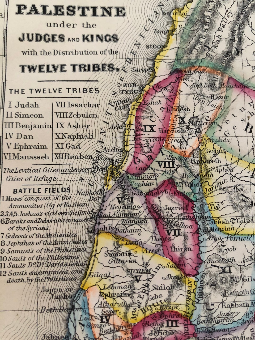 1855 Palestine Under Judges and Kings Original Map Hand Colored Steel