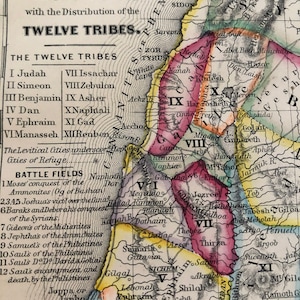1855 Palestina onder Rechters en Koningen Originele Kaart Hand gekleurde staal gravure 10 x 9 duim Antieke framable Heilig Land Jeruzalem