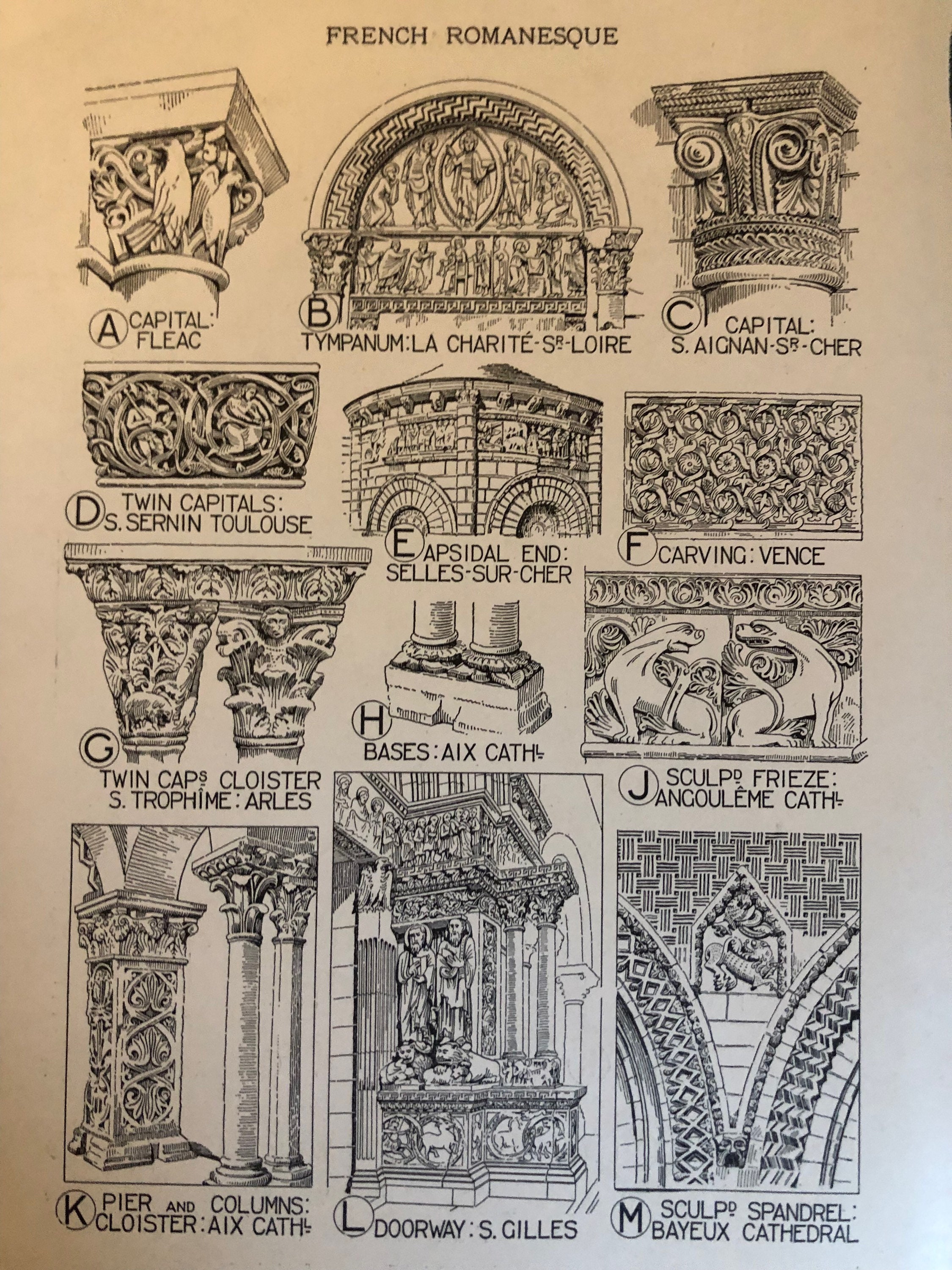 French Romanesque Architecture Details Original 1924 Published