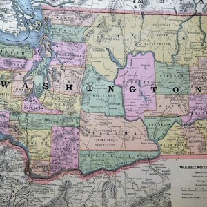 Carte du territoire de Washington, 1886, lithographie coloriée à la main Americana 33 x 11 pouces Impression recto-verso Leçon d'histoire Antiquité détaillée