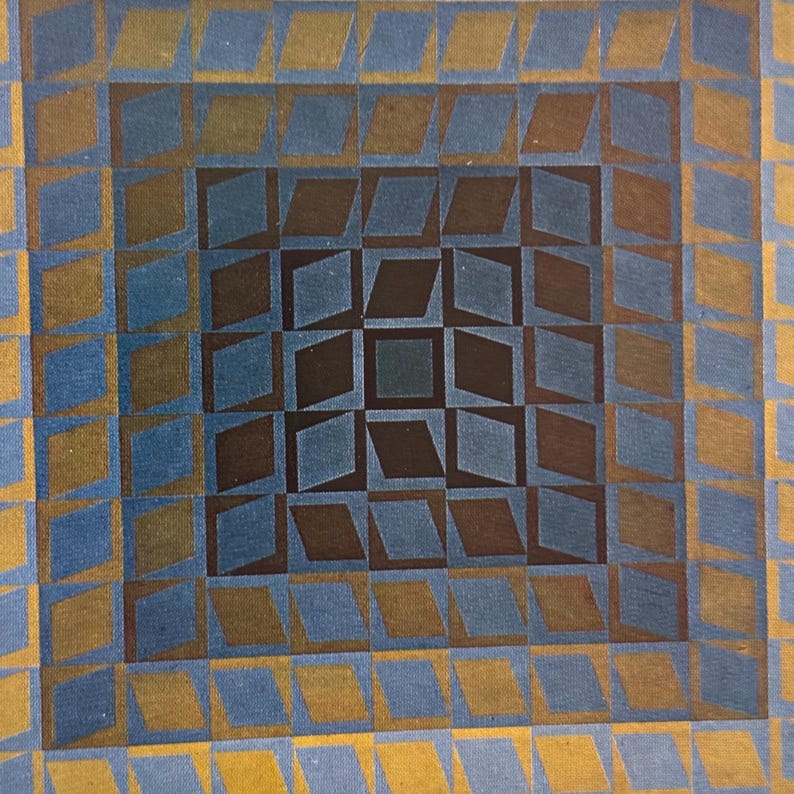 May include: Abstract geometric artwork featuring a square design with a repeating pattern of diamonds and squares. The color palette includes shades of blue, brown, and gold, creating a visually dynamic and textured effect. The artwork has a vintage aesthetic.