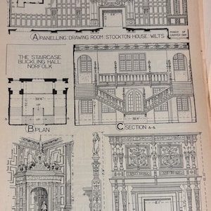 English Renaissance Architecture Interior Details Original 1924 Wall Art Gift for architect, designers.