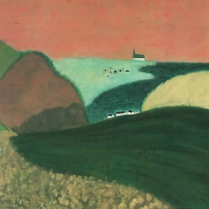 May include: An abstract landscape painting depicting green hills and a pink sky. A white church and small houses are in the distance. The painting uses a minimalist style with bold colour blocks, creating a sense of peace and quiet.