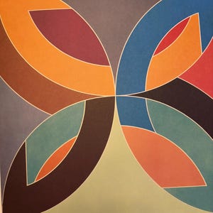 May include: Abstract geometric art print featuring a colorful design with overlapping circles and curved lines in shades of orange, red, blue, green, brown, and gray.