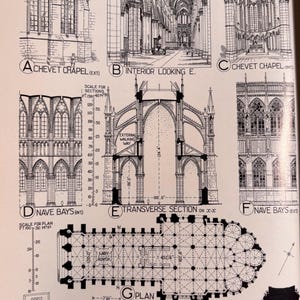 May include: A black and white line drawing of the Reims Cathedral in France. The drawing shows the exterior and interior of the cathedral, including the nave, transept, and chevet. The drawing also includes a plan view of the cathedral, showing the layout of the different parts of the building.