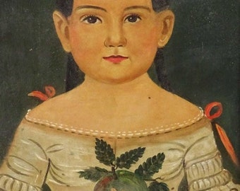 Girl Holding Apple Folk Art Portrait  Giclee Art Print 19th century Prior school Framable Wall Art