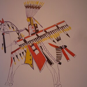 May include: A hand-drawn illustration of a Native American warrior riding a horse. The warrior is wearing a headdress with feathers and a colourful outfit. The horse is white with black and red markings. The illustration is done in a simple style with black, red, yellow, and white colours.