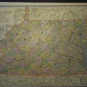 Carte de 1886 Virginia Tennessee coloriée à la main Americana lithographie 13 x 11 pouces impression recto-verso leçon d'histoire vintage original de Cram