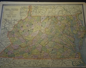Mapa de 1886 Virginia Tennessee litografía vintage coloreada a mano Americana 13 por 11 pulgadas Impresión a dos caras Lección de historia Vintage original de Cram