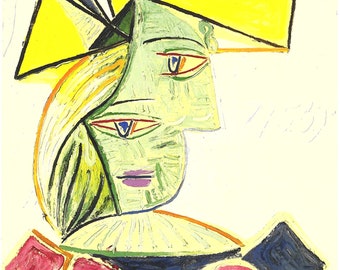 Picasso Woman in Yellow Hat with Blue Ribbon Cubist modern art Abstract Portrait Original Published lithograph 12 by 10.5 inch