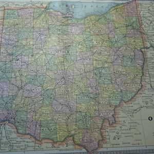 Carte de l'Ohio de 1886 | lithographie vintage colorée à la main | Americana 13 x 11 pouces Impression recto verso | Leçon d'histoire Le millésime original de Cram