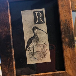 Letter R Monogram Alphabet Woodcut by A Thornburn with Curlew Framed Antique Original print Published Lithograph Rare image 2