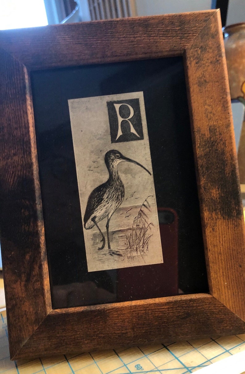 Letter R Monogram Alphabet Woodcut by A Thornburn with Curlew Framed Antique Original print Published Lithograph Rare image 2