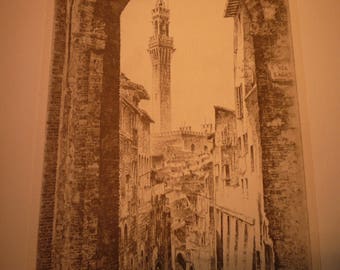 Italia John Taylor Arms Siena Torre del Mangia grabado litografía publicada con finos detalles enmarcable Hermoso arte de pared