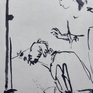 Può includere: Un bozzetto a inchiostro in bianco e nero raffigurante due figure. Una figura è piegata, forse al lavoro, mentre un'altra è in piedi nelle vicinanze. Lo stile è sciolto ed espressivo, con pennellate visibili. La data "6.24.12.53" è in alto a sinistra.