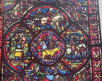 1947 Prodigal Son | Bourges Cathedral Original lithograph of stained glass window 13th c French Gothic style | Religious Art | Bright colors