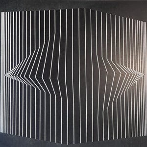 Pode incluir: Obra de arte abstrata em preto e branco com linhas brancas verticais que se curvam e se deslocam, criando uma ilus&atilde;o tridimensional. As linhas s&atilde;o espa&ccedil;adas uniformemente sobre um fundo preto, formando uma forma central em forma de diamante.
