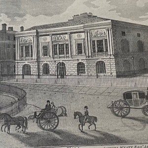 May include: A vintage black and white architectural print depicting a building with a classical design, horse-drawn carriages, and people. The image includes the text "SAMUEL WYATT Esq. Architect."