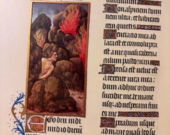 Cántico de Ezequías / Página de manuscrito iluminado del siglo XV / Litografía publicada en 1969 / Arte religioso francés / Enmarcable