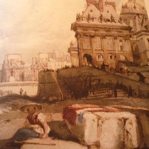 Paris The Louvre by R P Bonington, The Institut, English watercolor print 1949 - art lovers framable 11 by 14 inch Romanticism Cityscape