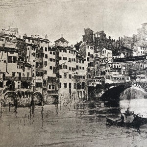 Joseph Pennell Arno River Florence print 1931 Framable original published lithograph Fine detail Ponte Vecchio landmark Wall Art