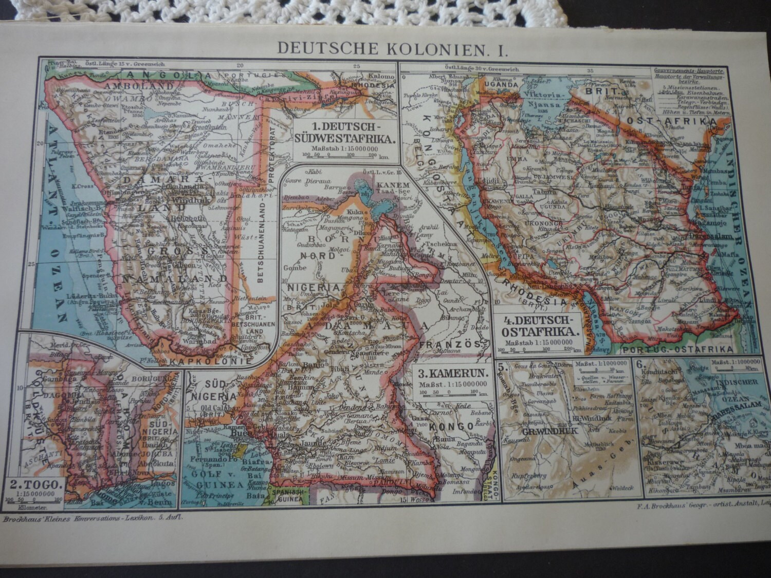 Antique German Colonies Map - Two sided color lithograph from 1910 - Deutsche Kolonien  in German easy to frame