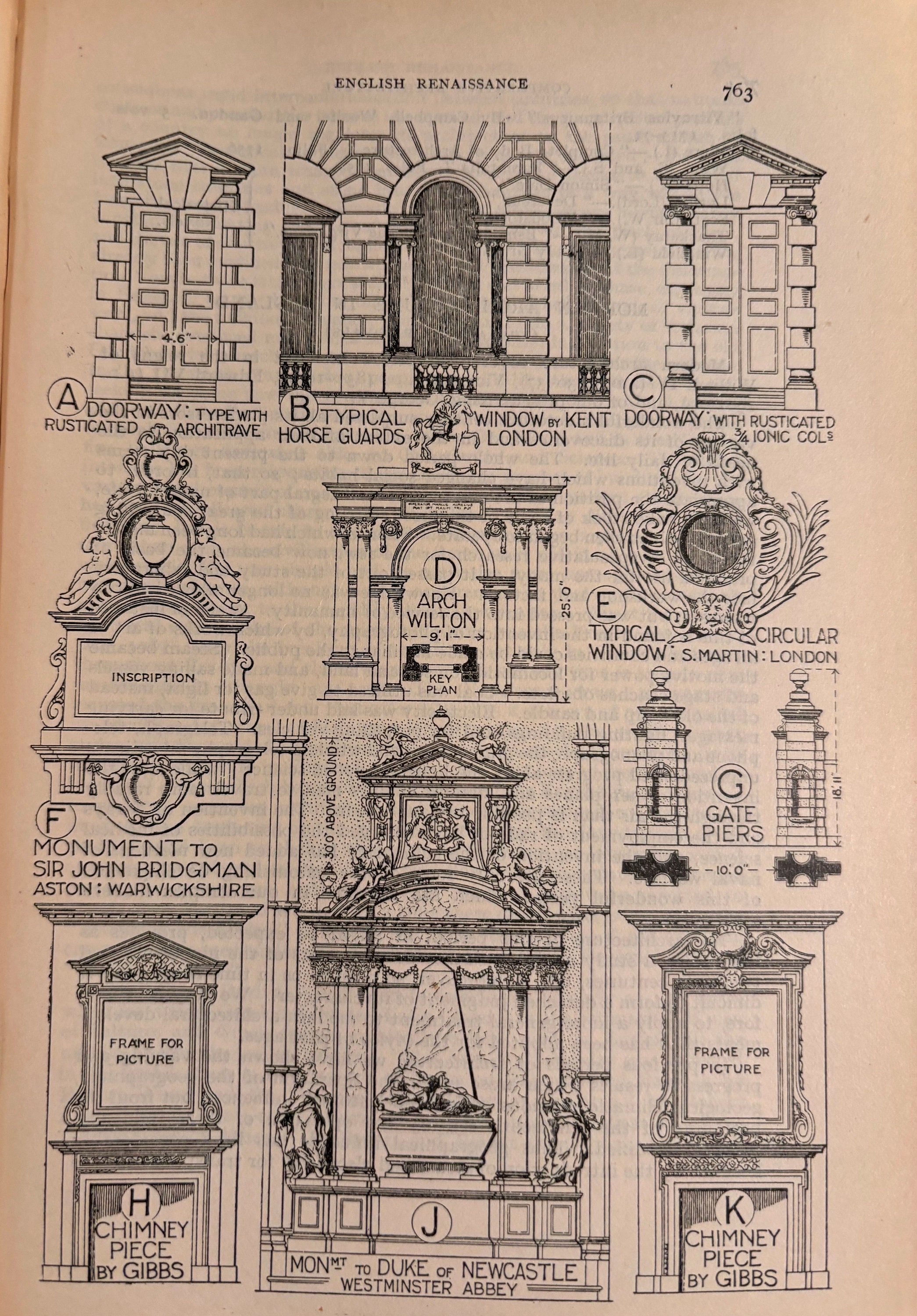 English Renaissance Architecture Details Original 1924 Wall Art