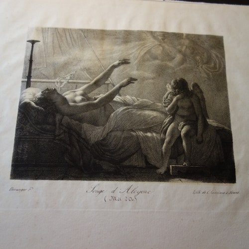 1750 Songe d'Alcyone (Halcyon), Antoine Béranger lithography Charles-Louis Constans Copper Etching shops Antique Neo Classical tragedy Greek myth