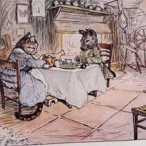 Beatrix Potter, Pussy-cat By The Fire | Original Published Illustration | Cat and Dog having Tea | Charming Animal Print | Color Lithograph