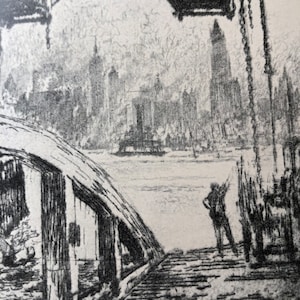 Joseph Pennell New York Skyline from Jersey City Ferry | original published lithograph | Framable antique | Cityscape | Wall Art