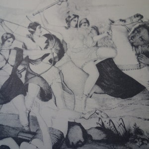 Koningin van de Amazone Currier en Ives Fine Art Print - Americana geschiedenis print - Leeuw valt koningin aan op omgekeerd Groot Oosters schip