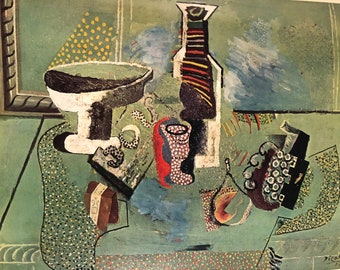 Picasso, Green Still Life - poster edition print 11.5 by 16 large - Colorful cubism - Table with bottles