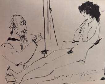 Picasso, Young Woman posing for a Painter | Drawing After Pablo Picasso | Vintage print 1954 | Dated in plate