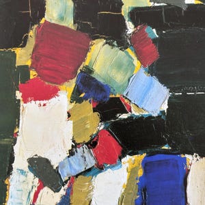 Può includere: Dipinto a olio astratto con superficie strutturata. L'opera presenta audaci pennellate in vari colori, tra cui rosso, blu, bianco e nero, su uno sfondo scuro. Accenti gialli evidenziano la composizione.