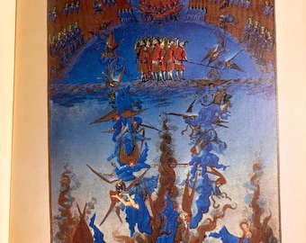 Fall der Rebellenengel | 15 Jahrhundert Illuminierte Handschriftenseite | Vintage Druck 1969 | Religiöse Kunst